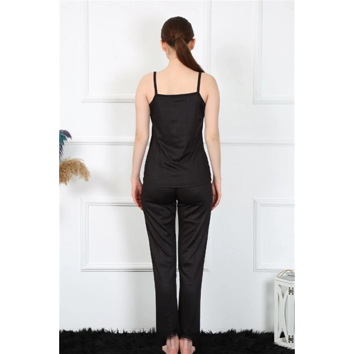 Moda Çizgi Kadın İp Askılı Siyah Pijama Takım 4136