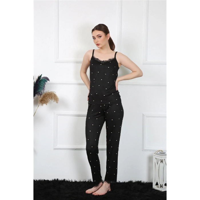 Moda Çizgi Kadın İp Askılı Siyah Pijama Takım 4138