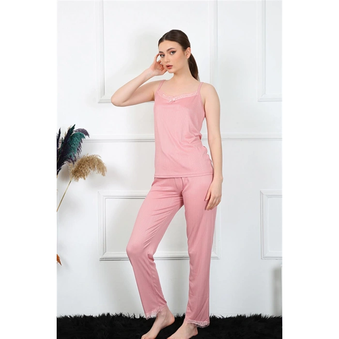 Moda Çizgi Kadın İp Askılı Somon Pijama Takım 4136