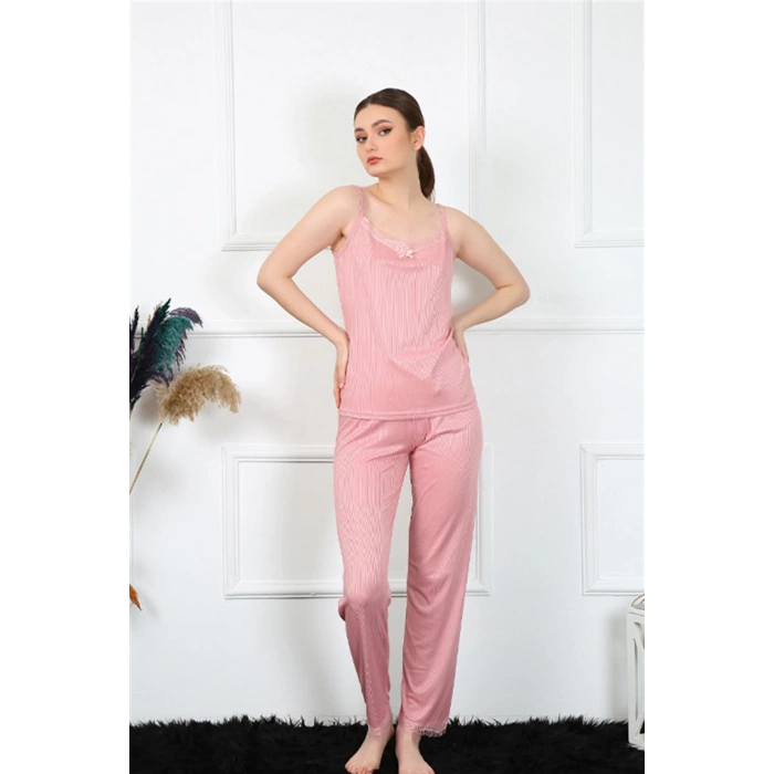 Moda Çizgi Kadın İp Askılı Somon Pijama Takım 4136