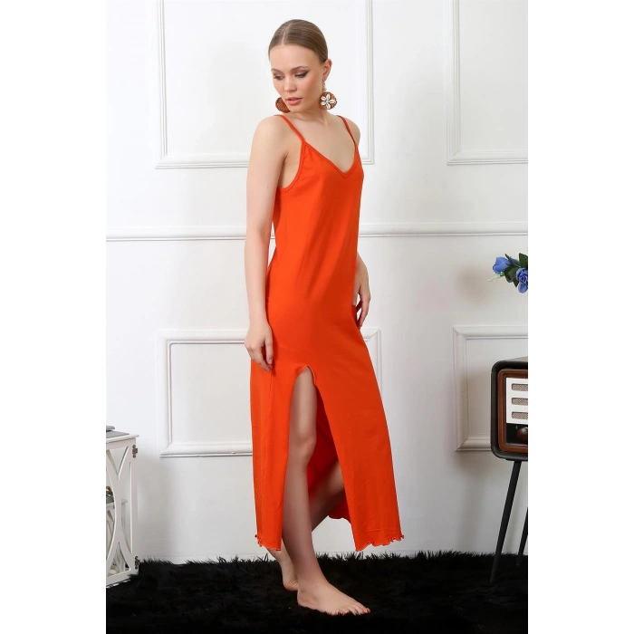 Moda Çizgi Kadın İp Askılı Turuncu Uzun Gecelik 901