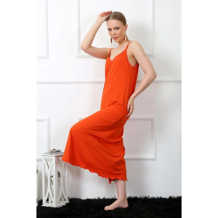 Moda Çizgi Kadın İp Askılı Turuncu Uzun Gecelik 901