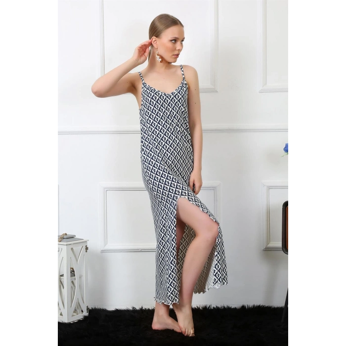 Moda Çizgi Kadın İp Askılı Uzun Gecelik 821