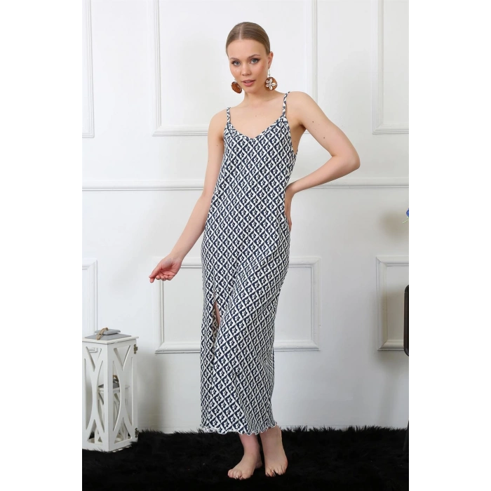 Moda Çizgi Kadın İp Askılı Uzun Gecelik 821