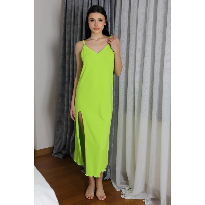 Moda Çizgi Kadın İp Askılı Uzun Yırtmaçlı Pamuk Penye Gecelik NeonYeşil 90125
