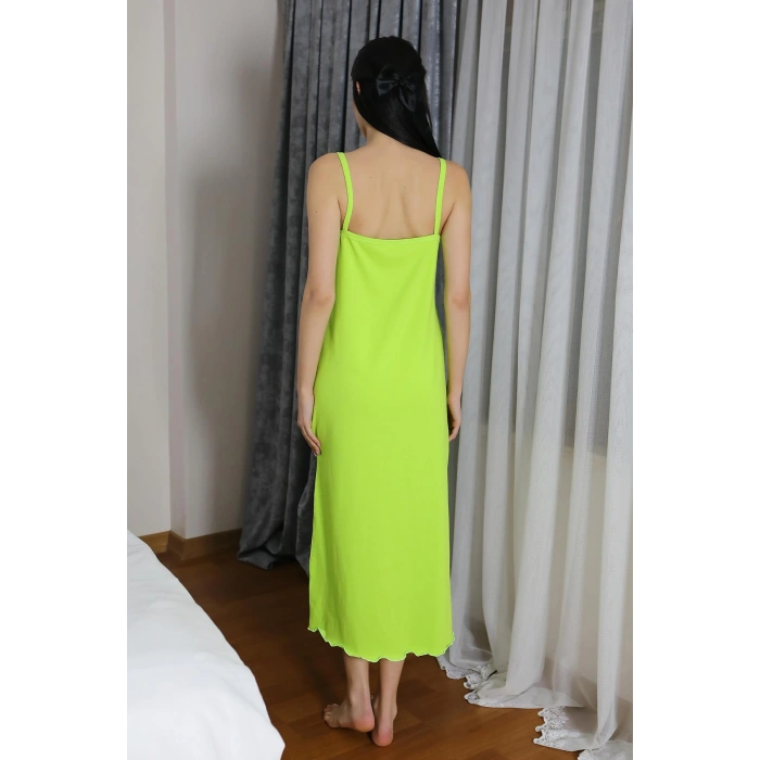 Moda Çizgi Kadın İp Askılı Uzun Yırtmaçlı Pamuk Penye Gecelik NeonYeşil 90125