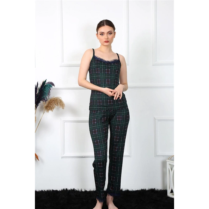 Moda Çizgi Kadın İp Askılı Yeşil Ekoseli Pijama Takım 4135