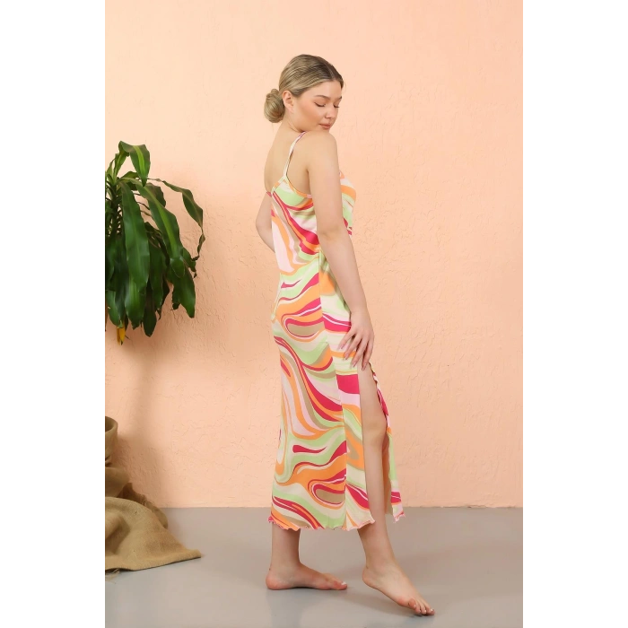 Moda Çizgi Kadın İp Askılı Yırtmaçlı Uzun Fuşya Gecelik 90117