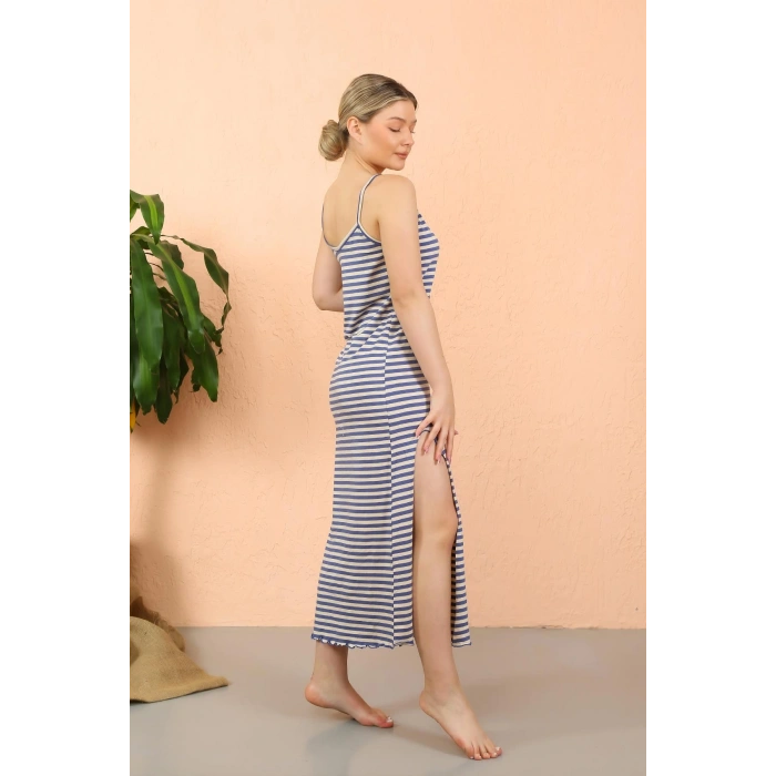 Moda Çizgi Kadın İp Askılı Yırtmaçlı Uzun Mavi Gecelik 90122