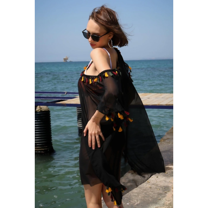 Moda Çizgi Kadın İşlemeli Tunik Pareo Plaj Elbisesi Siyah 38045