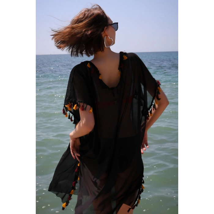 Moda Çizgi Kadın İşlemeli Tunik Pareo Plaj Elbisesi Siyah 38045