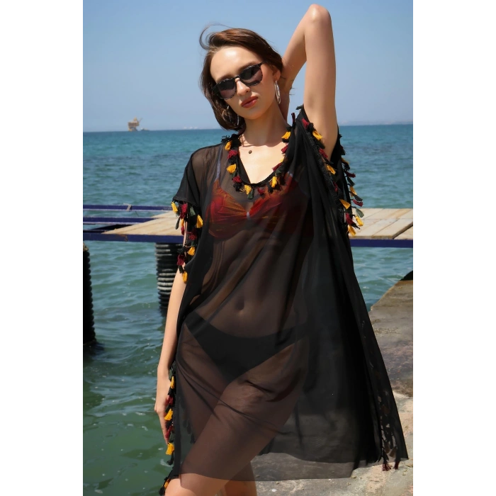 Moda Çizgi Kadın İşlemeli Tunik Pareo Plaj Elbisesi Siyah 38045