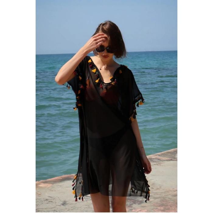 Moda Çizgi Kadın İşlemeli Tunik Pareo Plaj Elbisesi Siyah 38045