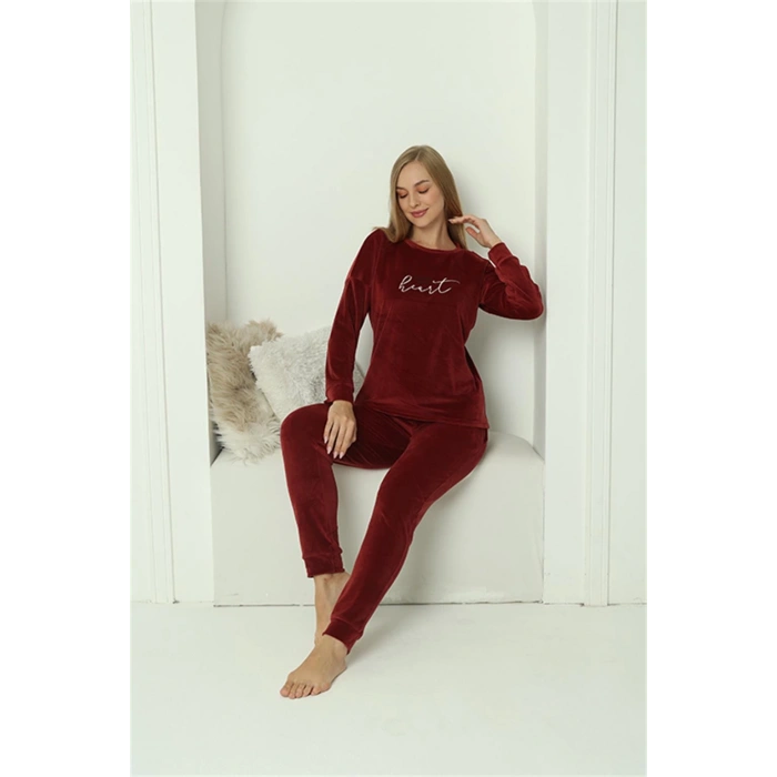 Moda Çizgi Kadın Kadife Bordo Pijama Takım 20624