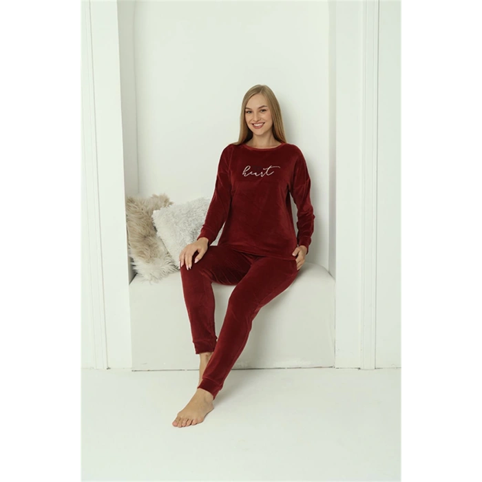 Moda Çizgi Kadın Kadife Bordo Pijama Takım 20624