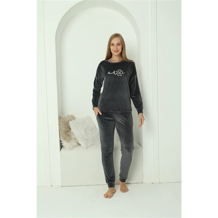 Moda Çizgi Kadın Kadife Füme Pijama Takım 20624