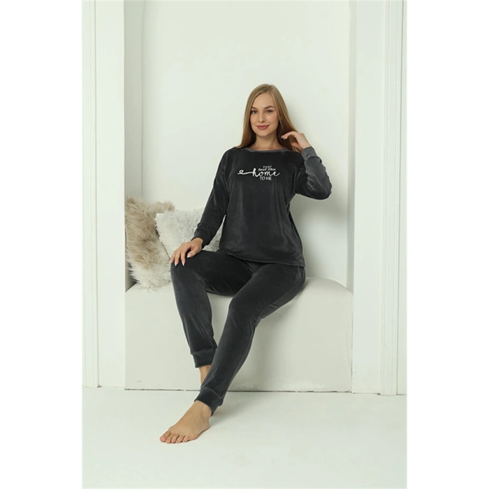 Moda Çizgi Kadın Kadife Füme Pijama Takım 20624