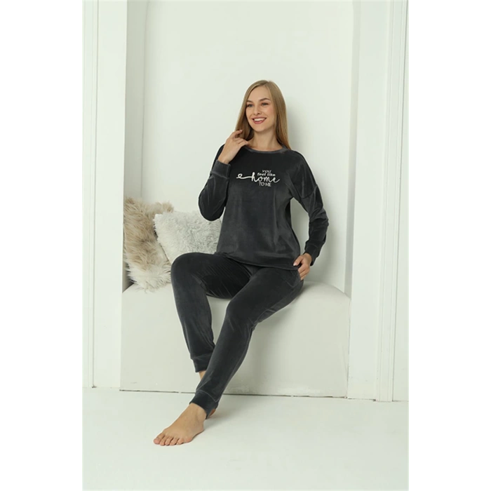 Moda Çizgi Kadın Kadife Füme Pijama Takım 20624