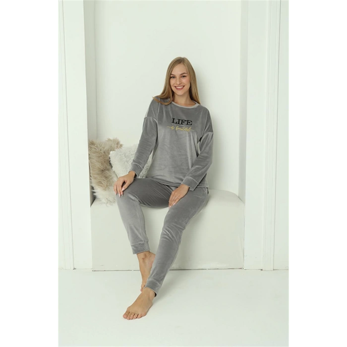 Moda Çizgi Kadın Kadife Gri Pijama Takım 20624