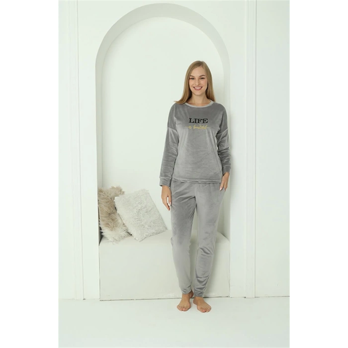 Moda Çizgi Kadın Kadife Gri Pijama Takım 20624
