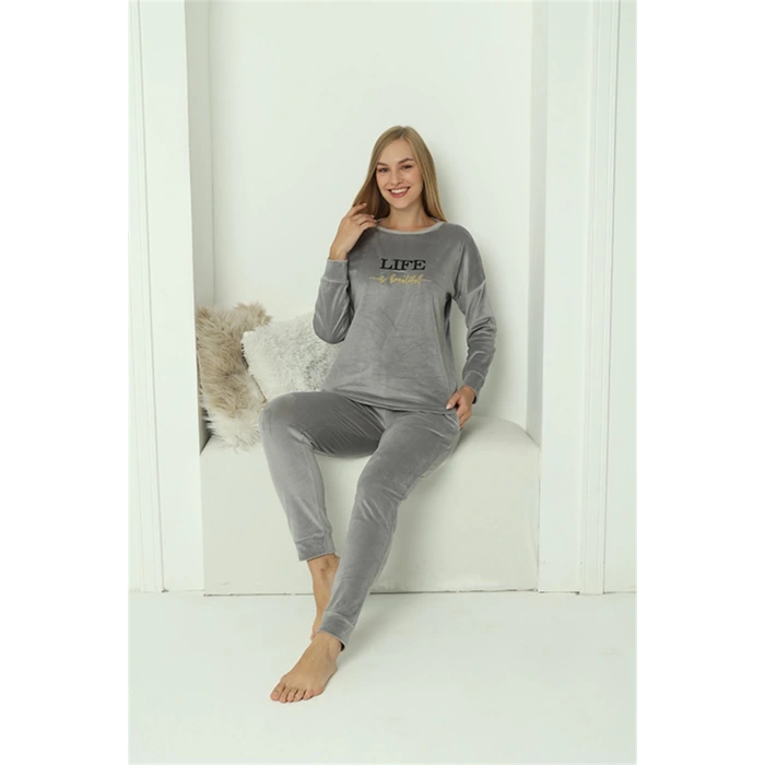 Moda Çizgi Kadın Kadife Gri Pijama Takım 20624
