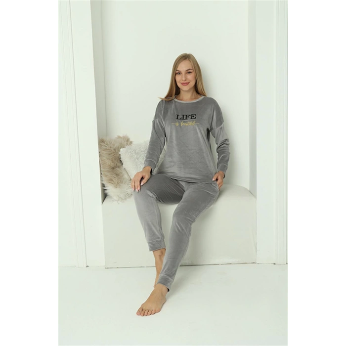 Moda Çizgi Kadın Kadife Gri Pijama Takım 20624