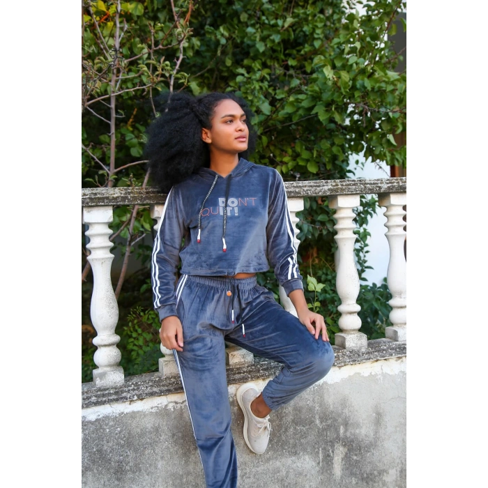 Moda Çizgi Kadın Kadife Kapşonlu Eşofman Takım 9054