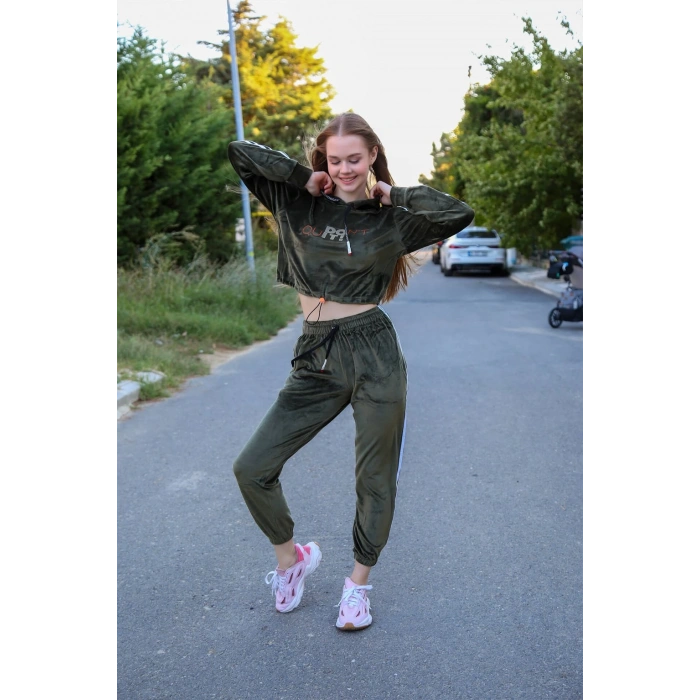 Moda Çizgi Kadın Kadife Kapşonlu Eşofman Takım 9055