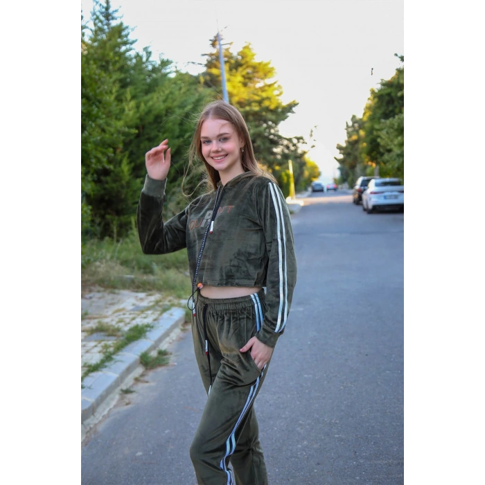 Moda Çizgi Kadın Kadife Kapşonlu Eşofman Takım 9055