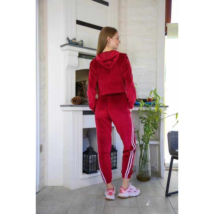 Moda Çizgi Kadın Kadife Kapşonlu Eşofman Takım 9058