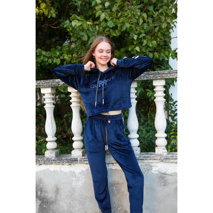 Moda Çizgi Kadın Kadife Kapşonlu Eşofman Takım 9059