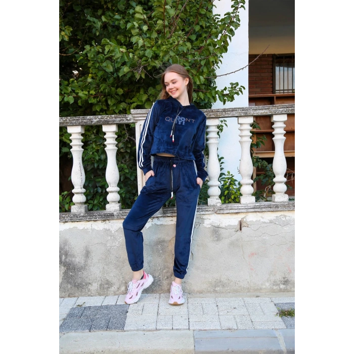Moda Çizgi Kadın Kadife Kapşonlu Eşofman Takım 9059