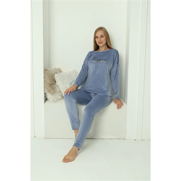 Moda Çizgi Kadın Kadife Mavi Pijama Takım 20624