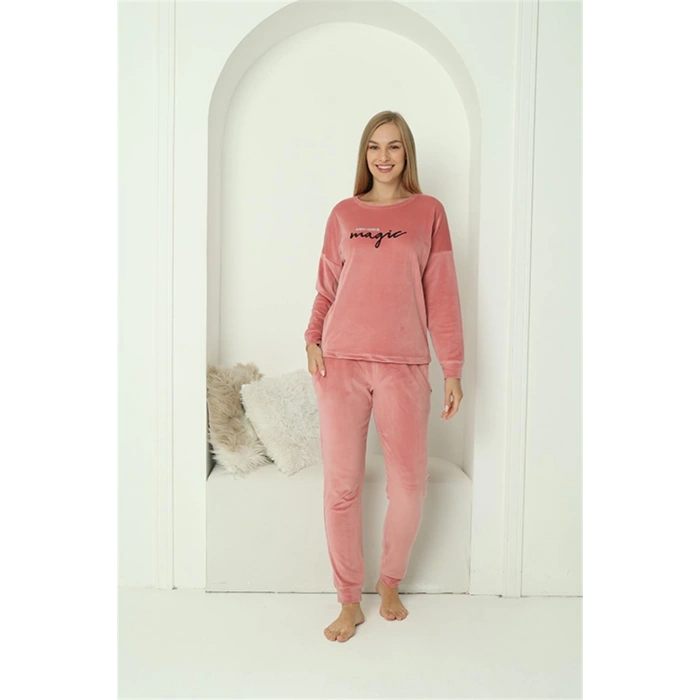 Moda Çizgi Kadın Kadife Pembe Pijama Takım 20624