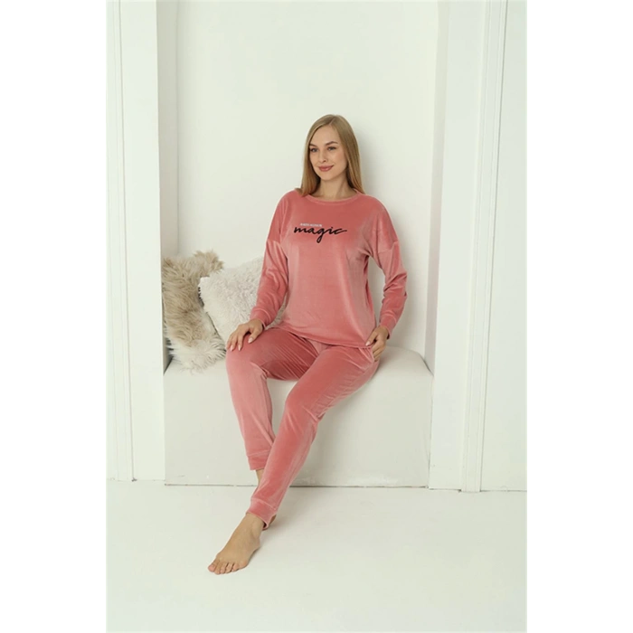 Moda Çizgi Kadın Kadife Pembe Pijama Takım 20624