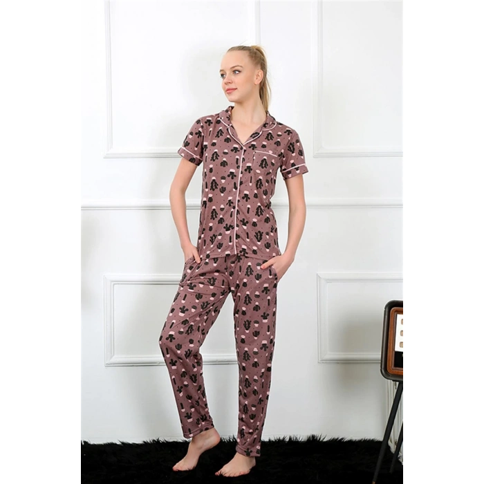 Moda Çizgi Kadın Kahve Önden Düğmeli Kısa Kol Pijama Takım 2844