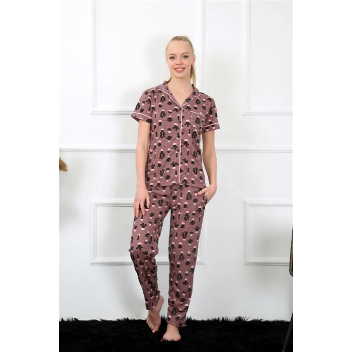Moda Çizgi Kadın Kahve Önden Düğmeli Kısa Kol Pijama Takım 2844