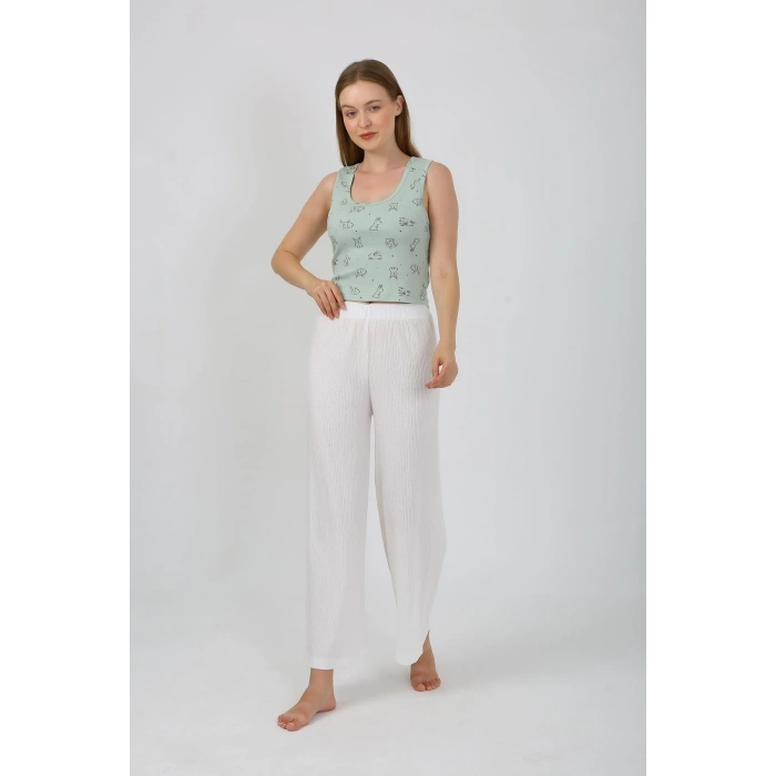 Moda Çizgi Kadın Kalın Askılı Body Bol Paça Pantolon 2`li Takım Beyaz 4219