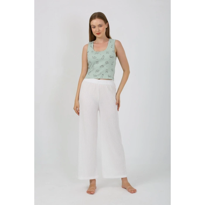 Moda Çizgi Kadın Kalın Askılı Body Bol Paça Pantolon 2`li Takım Beyaz 4219