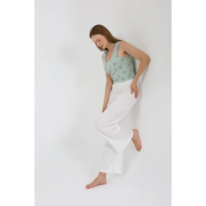 Moda Çizgi Kadın Kalın Askılı Body Bol Paça Pantolon 2`li Takım Beyaz 4219