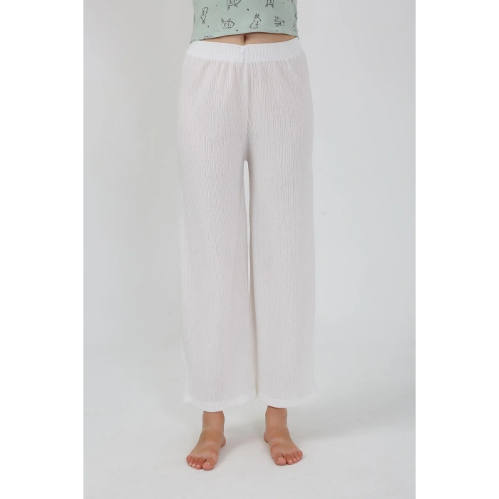 Moda Çizgi Kadın Kalın Askılı Body Bol Paça Pantolon 2`li Takım Beyaz 4219