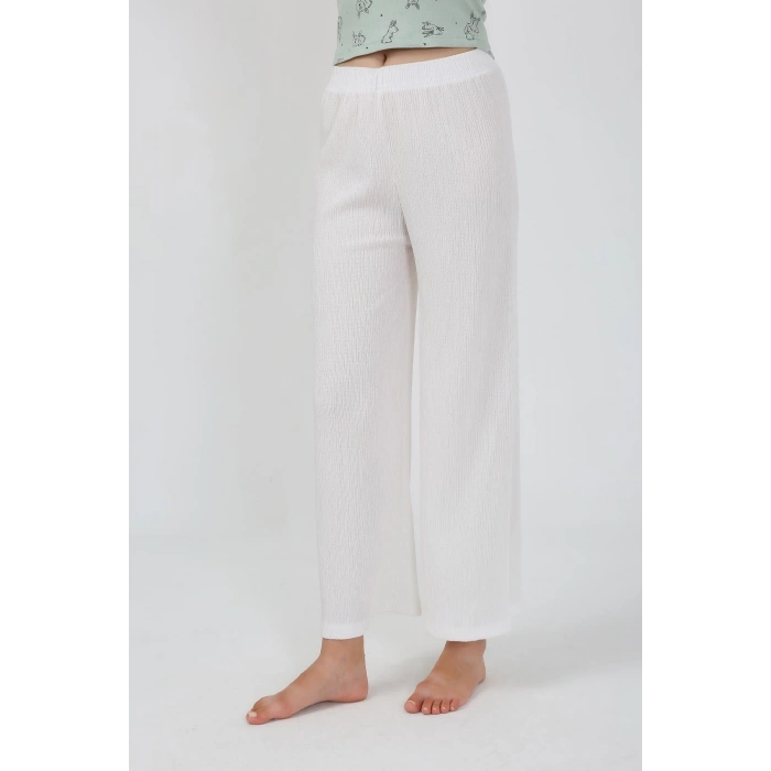 Moda Çizgi Kadın Kalın Askılı Body Bol Paça Pantolon 2`li Takım Beyaz 4219