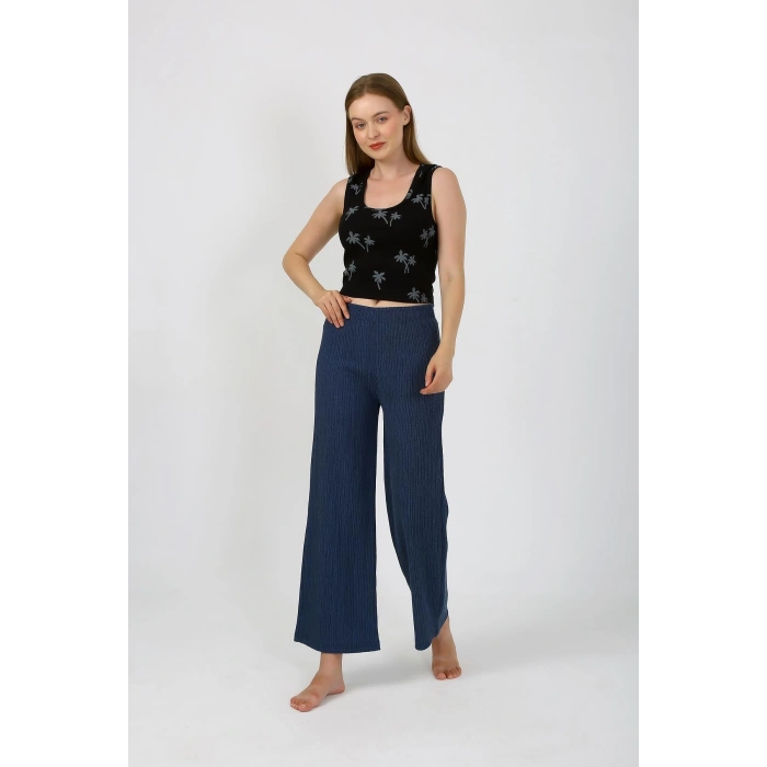 Moda Çizgi Kadın Kalın Askılı Body Bol Paça Pantolon 2`li Takım Siyah 4221