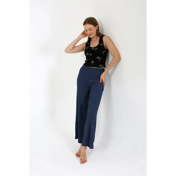 Moda Çizgi Kadın Kalın Askılı Body Bol Paça Pantolon 2`li Takım Siyah 4221