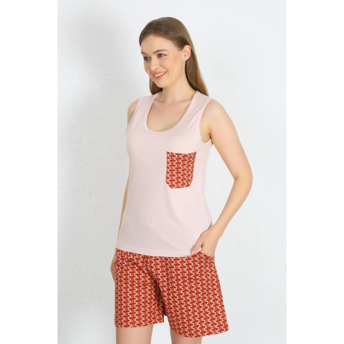 Moda Çizgi Kadın Kalın Askılı Cepli Şortlu Takım Pudra 3617