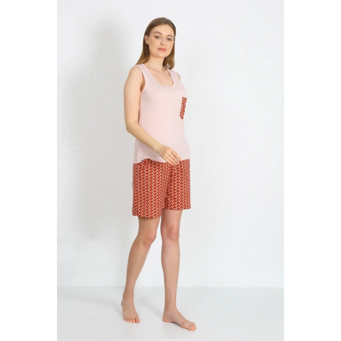 Moda Çizgi Kadın Kalın Askılı Cepli Şortlu Takım Pudra 3617