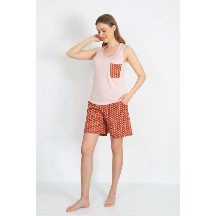 Moda Çizgi Kadın Kalın Askılı Cepli Şortlu Takım Pudra 3617