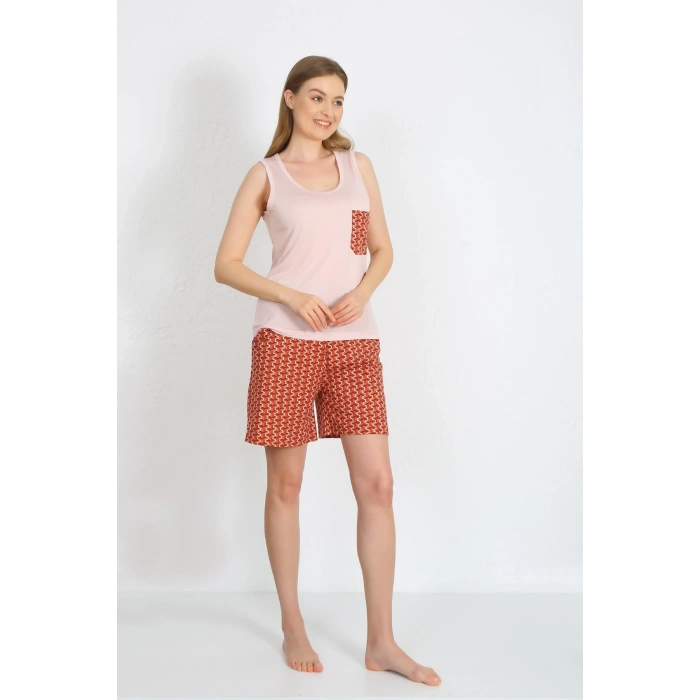 Moda Çizgi Kadın Kalın Askılı Cepli Şortlu Takım Pudra 3617