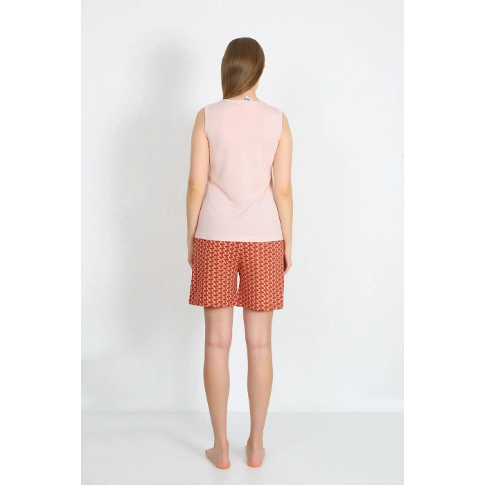 Moda Çizgi Kadın Kalın Askılı Cepli Şortlu Takım Pudra 3617