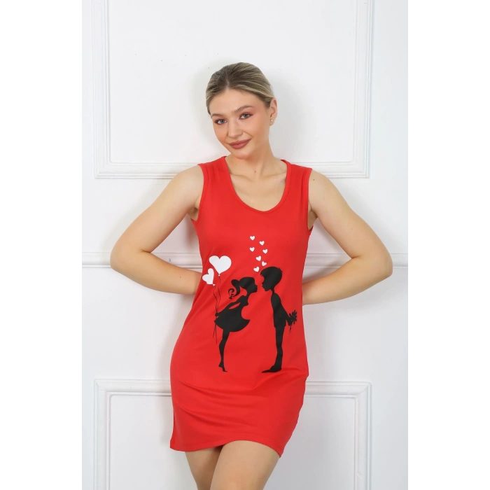 Moda Çizgi Kadın Kalın Askılı Penye Diz Üstü Kırmızı Gecelik 11310